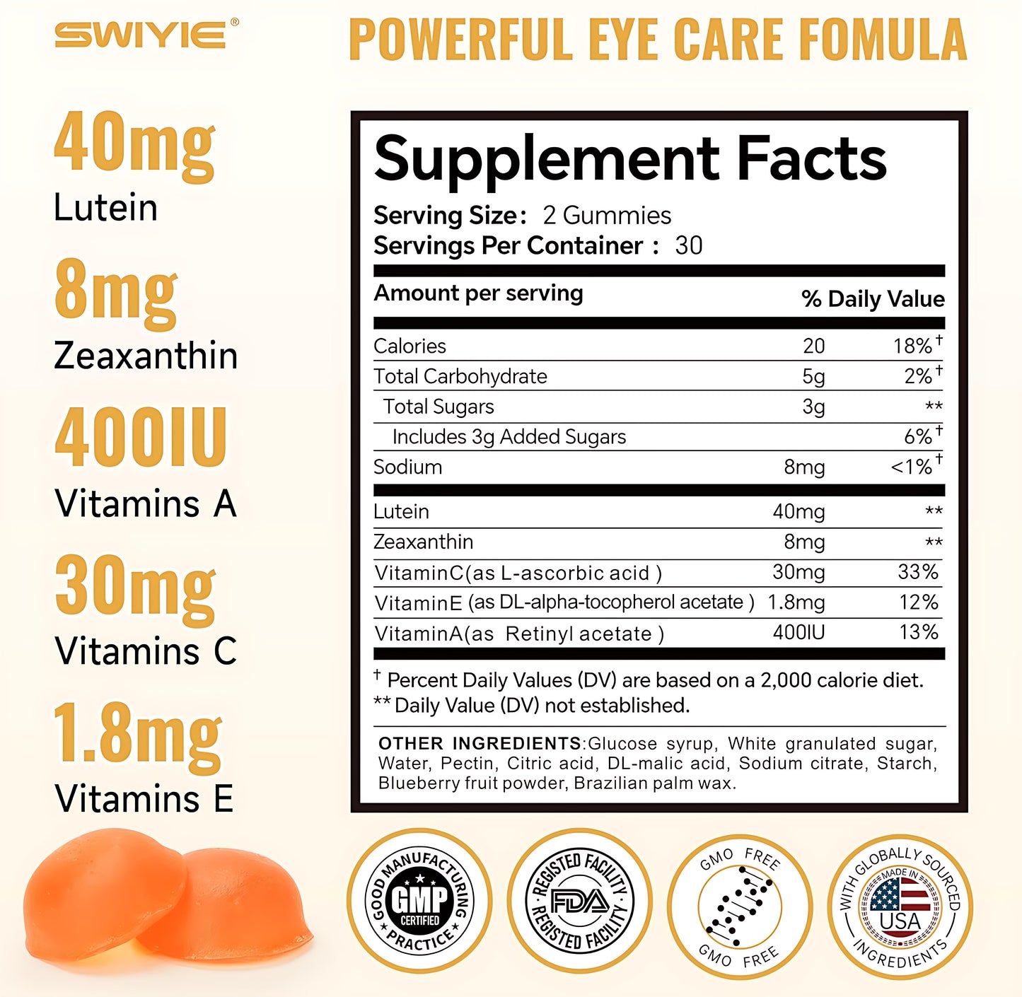 Swiyie Lutein & Zeaxanthin Gummies – Eye Health Supplement with Astaxanthin, Vitamin A C E – Blue Light Defense, Vision Support, Berry Flavor – 60 Gummies Healthcare Dietary