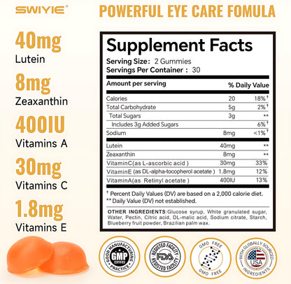 Swiyie Lutein & Zeaxanthin Gummies – Eye Health Supplement with Astaxanthin, Vitamin A C E – Blue Light Defense, Vision Support, Berry Flavor – 60 Gummies Healthcare Dietary